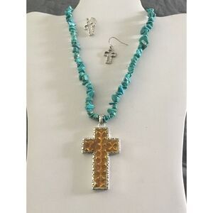 Beautiful Genuine Turquoise Gemstone & Gold Foil Cross Necklace/Earring Set